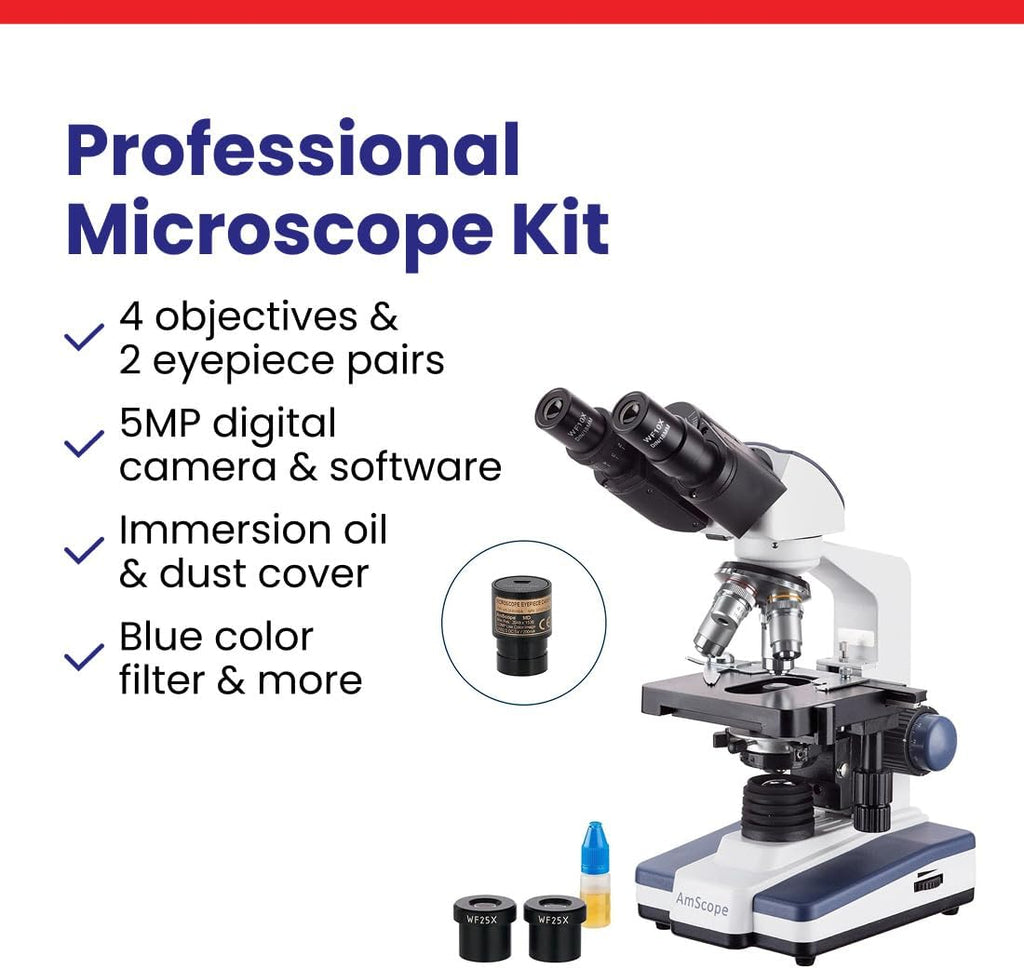 AmScope Serie B120 Microscopio compuesto binocular LED para estudiantes y profesionales - aumento 40X-2500X - Incluye cámara USB de 5MP y cabezal Siedentopf