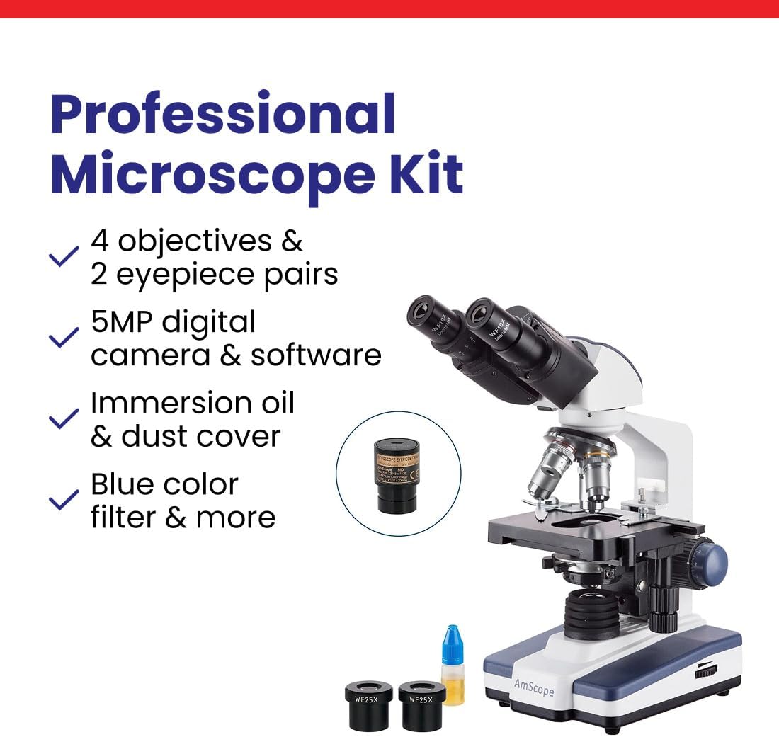 AmScope Serie B120 Microscopio compuesto binocular LED para estudiantes y profesionales - aumento 40X-2500X - Incluye cámara USB de 5MP y cabezal Siedentopf