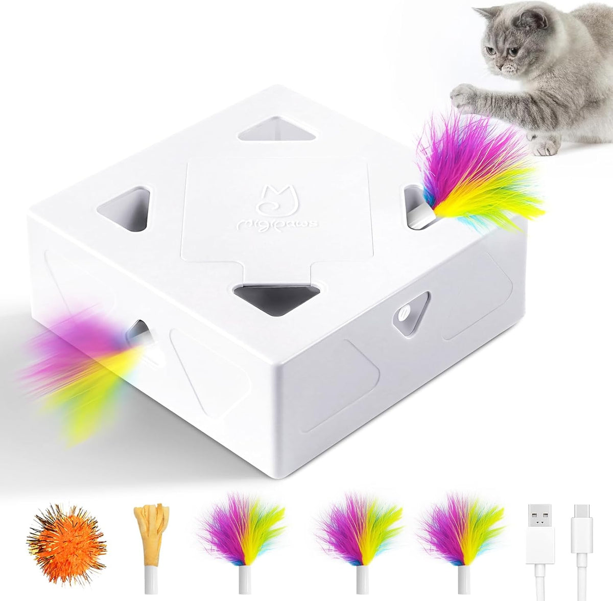 Interactive Cat Toys -Migibox para Indoor Bored Cats, Automatic Pop Out Feathers de 7 Holes Randomly, Motion Activated, USB Rechargeable (Purple Skin)