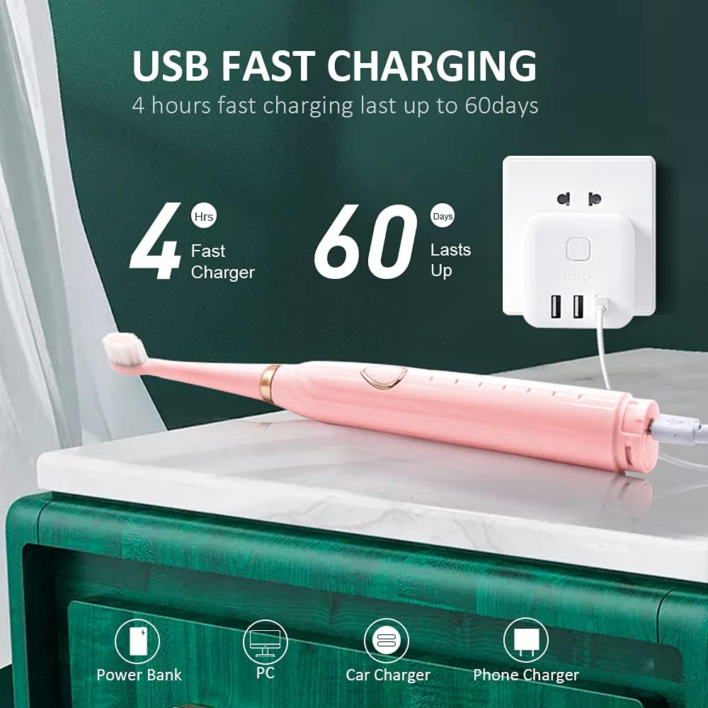 Cepillo de dientes eléctrico sónico, recargable por USB, potente cepillo de dientes de limpieza sónico con 6 modos, 5 cabezales de cepillo + 1 cabezal de cepillo de limpieza facial + 1 cabezal
