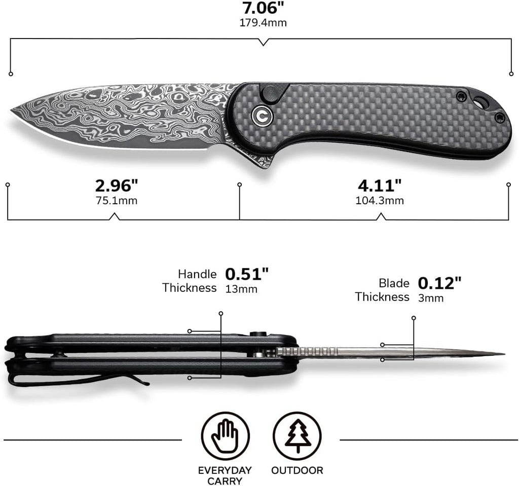 CIVIVI Elementum II Cuchillo de bolsillo plegable, hoja de Damasco de 2.96