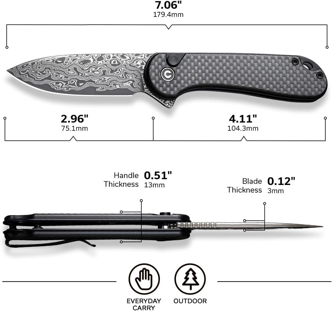 CIVIVI Elementum II Cuchillo de bolsillo plegable, hoja de Damasco de 2.96