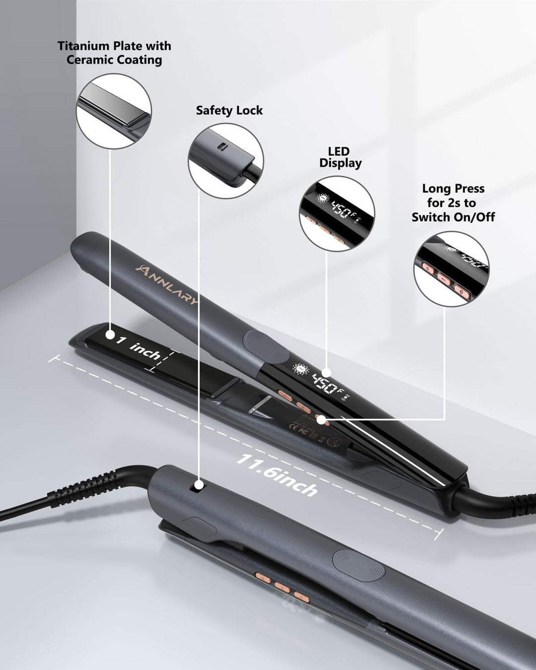 Annlary - Plancha de pelo de 1 pulgada y rizador de pelo de titanio...