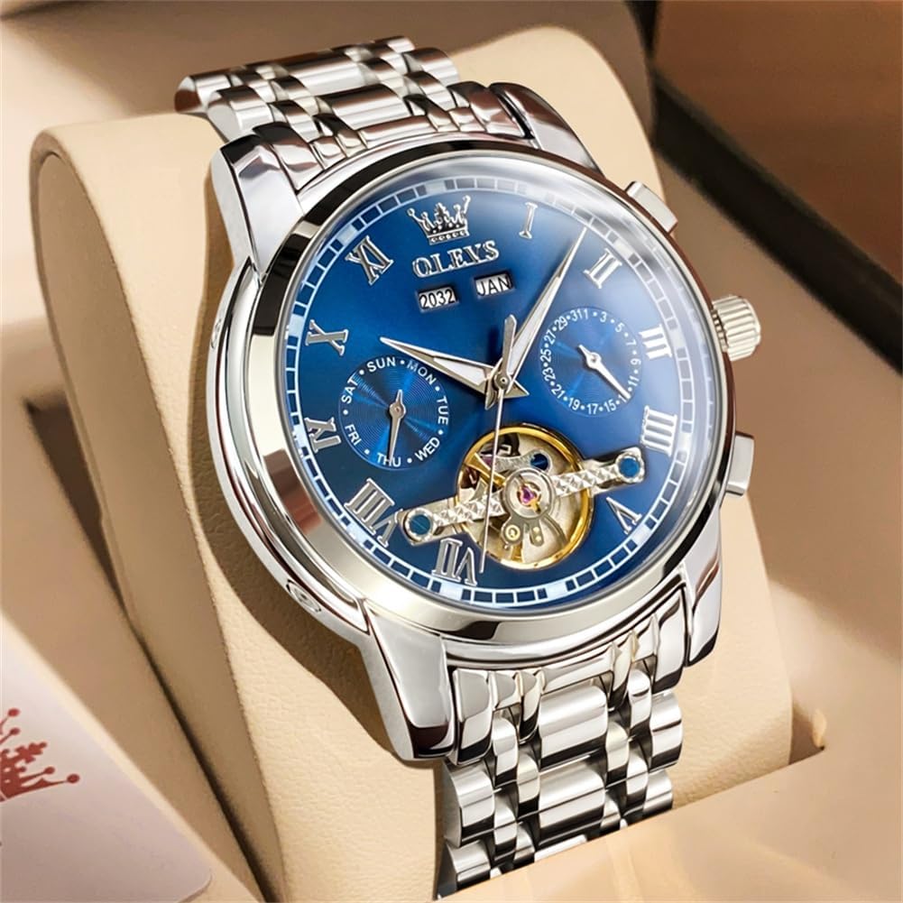 OLEVS Reloj automático para hombre, cuerda automática, mecánica, de lujo, de acero inoxidable, multicalendario, impermeable, luminoso, reloj de pulsera