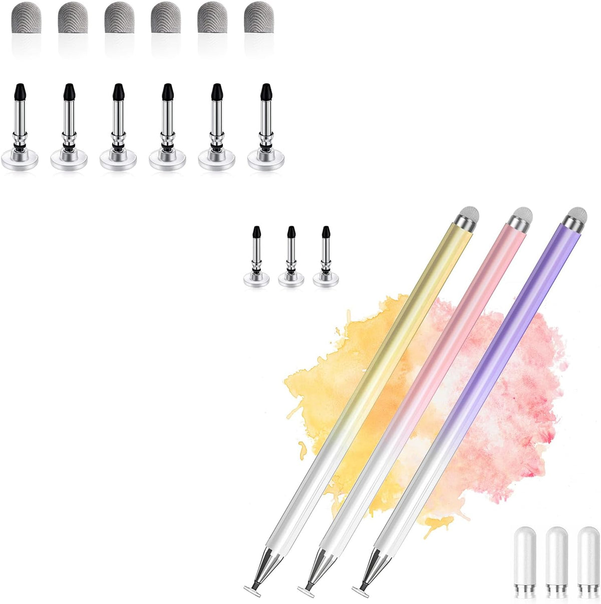 Lápiz capacitivo universal 2 en 1 con 12 puntas de repuesto adicionales para pantallas táctiles, rosa, morado, amarillo