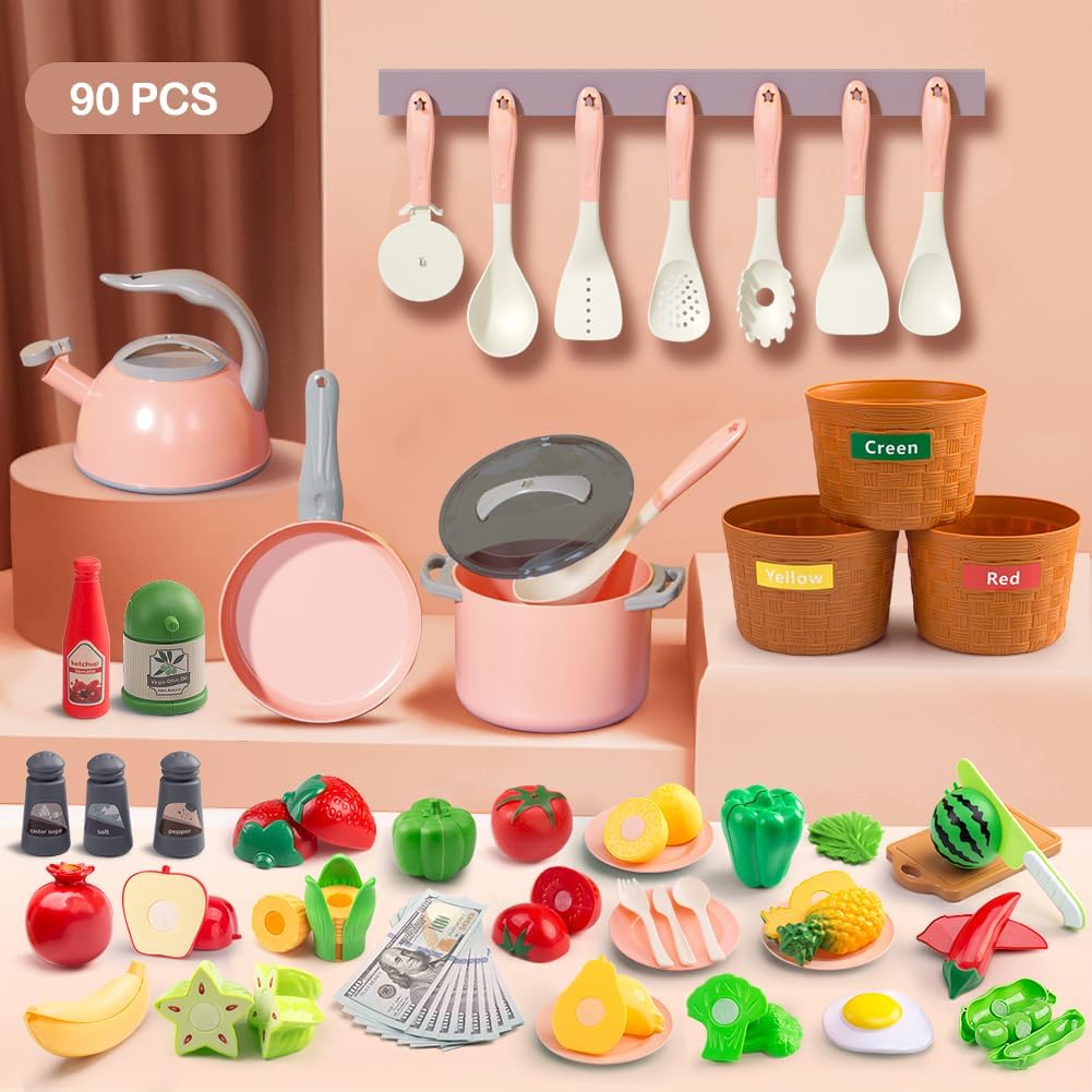 Juego de 90 accesorios de cocina, cocina de simulación con ollas, s...