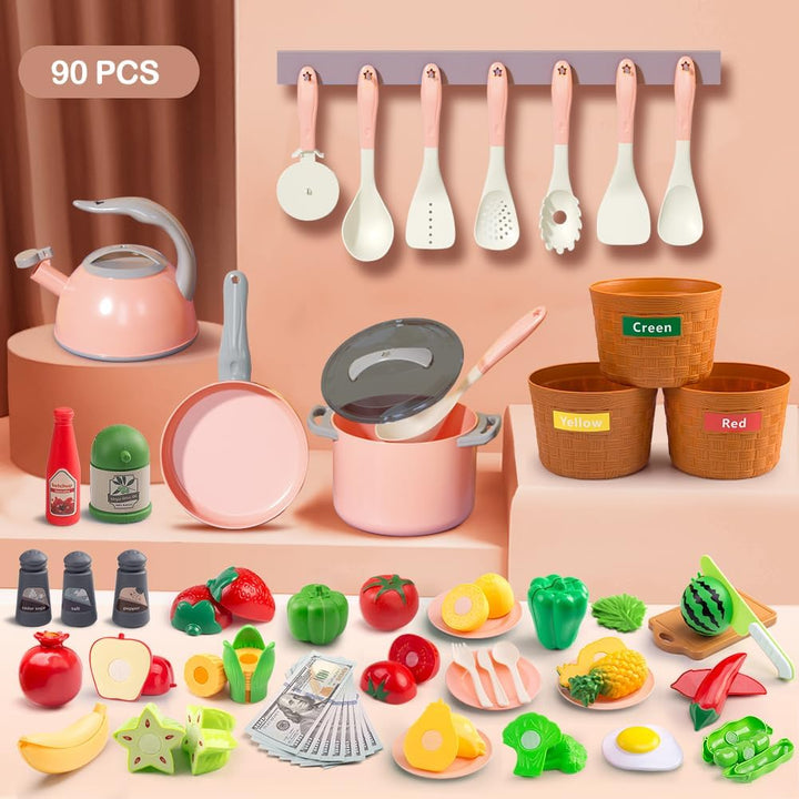 Juego de 90 accesorios de cocina, cocina de simulación con ollas, s...