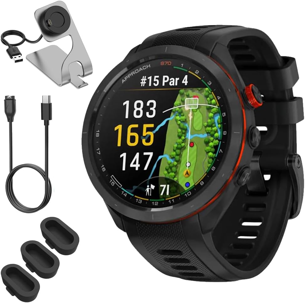 Garmin 010-02746-02 Approach S70 - Reloj de golf con GPS de 1.850 in, paquete de correa negra con base de carga Deco Essentials, 3 cubiertas antipolvo de silicona y cable de carga y sincronización USB
