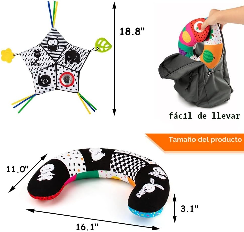 teytoy Almohada Tummy Time con alfombrilla arrugada y mordedores, juguetes para bebés en blanco y negro de alto contrasto con espejo, juguete sensorial Montessori para gatear para bebés recién nacidos