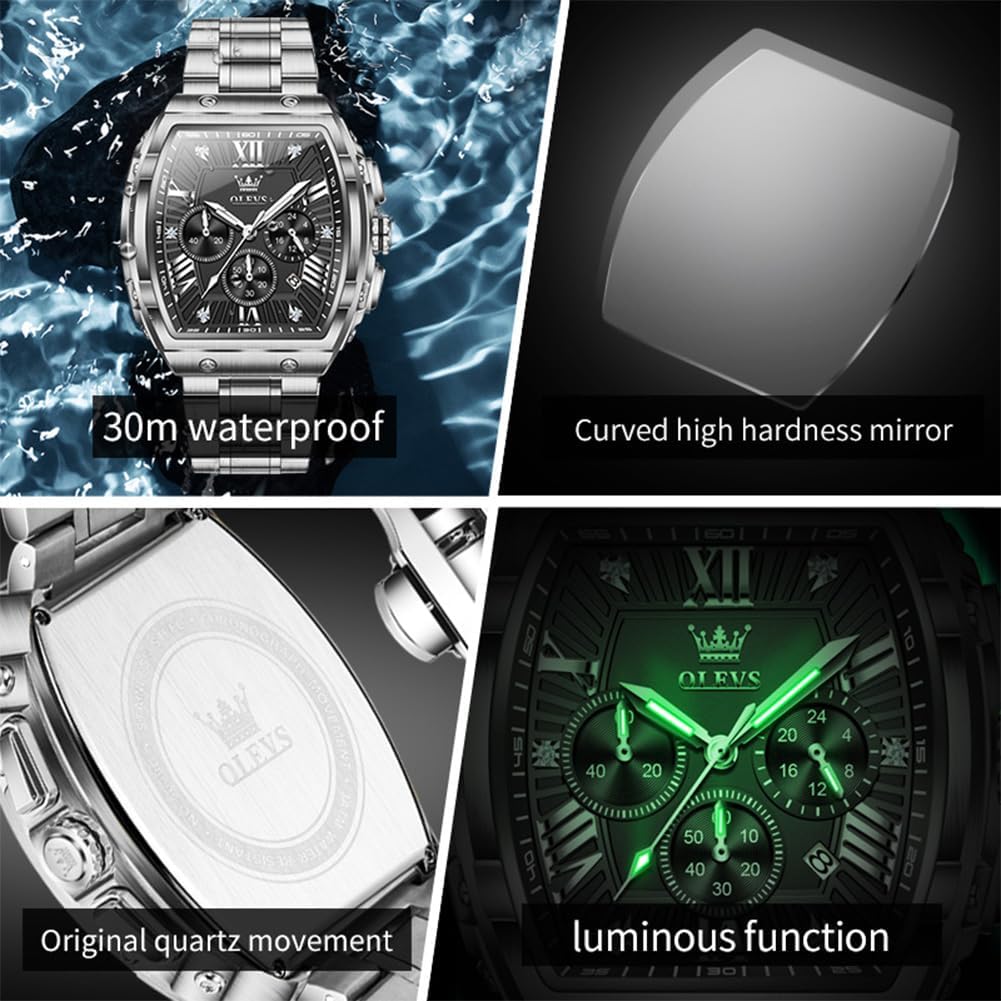 OLEVS Reloj para Hombres Analógico Cuarzo Lujo Diamante Resistente al Agua Cronógrafo Acero Inoxidable Carita Grande Cuadrado Fecha Fase Lunar Romano Relojes de Vestir para Hombres