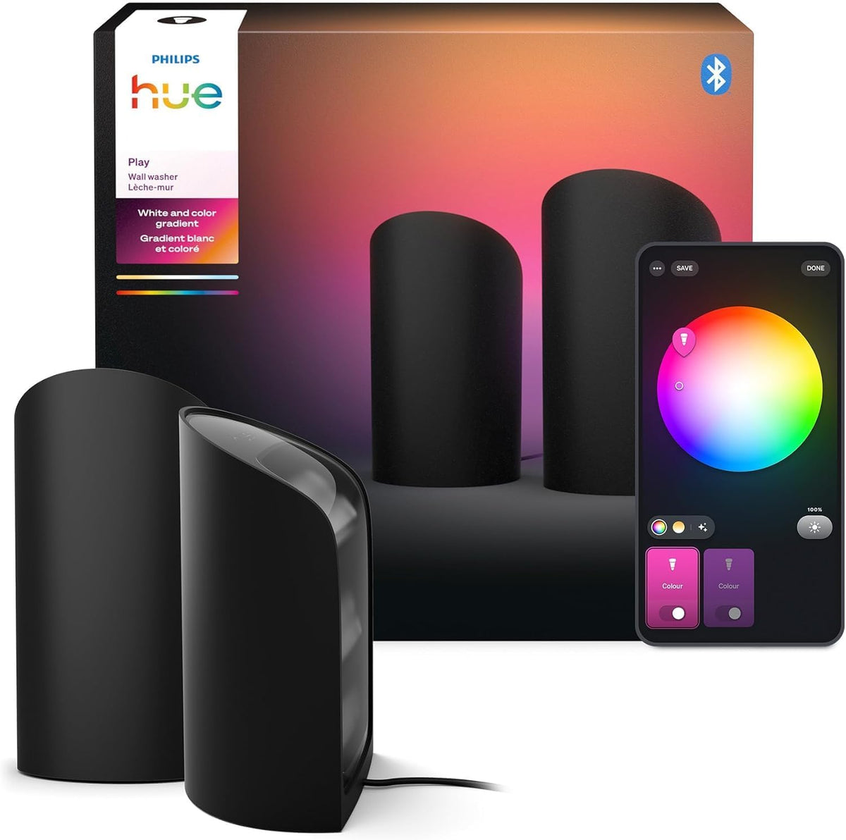 Lámpara Philips Hue Play - Lavadora de pared inteligente, paquete de 2, color negro