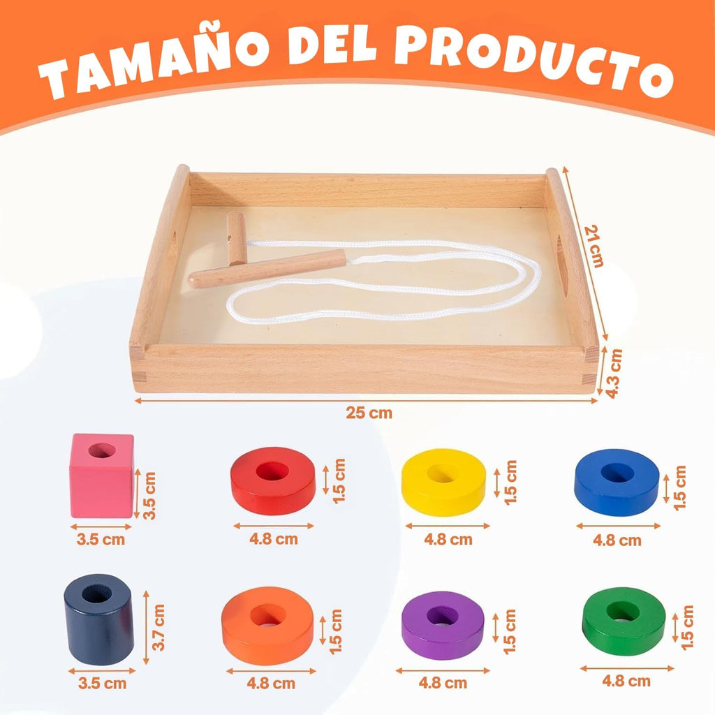 Adena Montessori - Juego de cuentas de madera con bandeja, 1-3 años