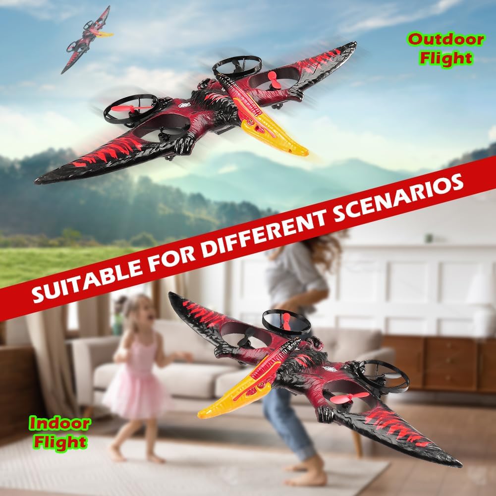 Dron de control remoto de dinosaurio, 2.4G EPP Foam RC Pterodactyl Hobby RC aviones con giroscopio de 6 ejes, aterrizaje de despegue de una tecla, rollo de acrobacias y giro de 360, juguete de caza de chorro de juguete de Navidad, regalo de cumpleaños