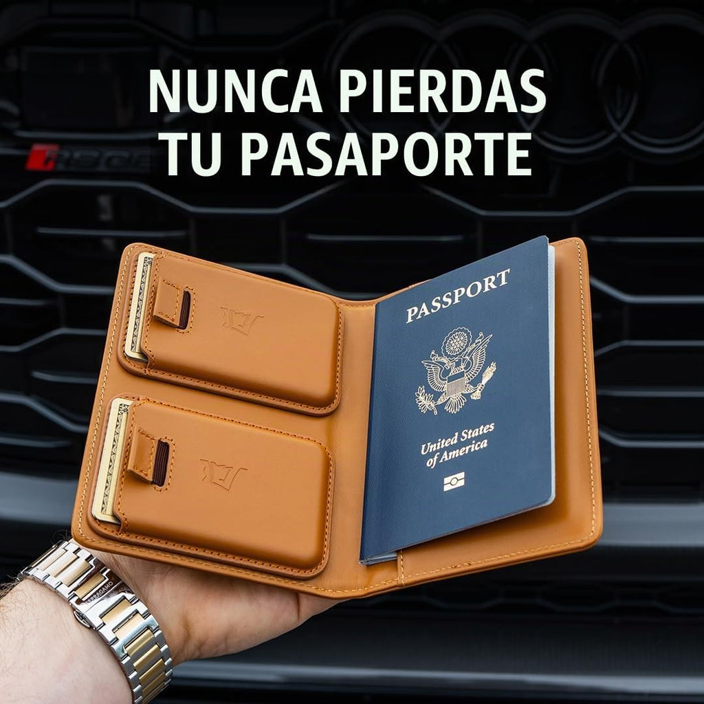Kings Loot Cartera de pasaporte con soporte para AirTag, coñac