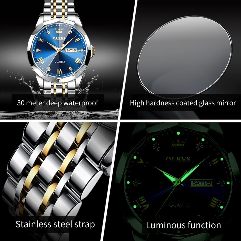 OLEVS Relojes para hombre de lujo de acero inoxidable 30M impermeable