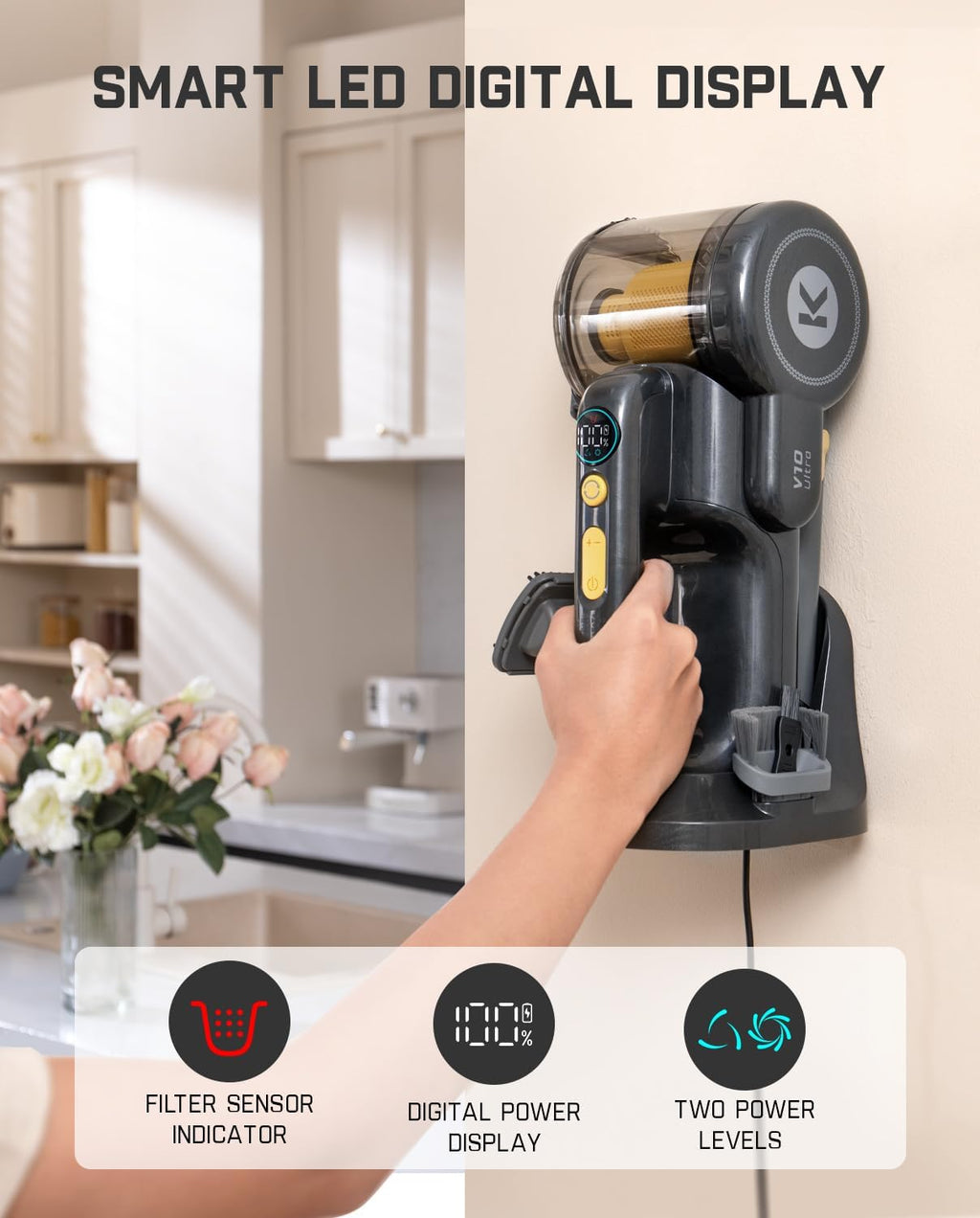 Fanttik Fold V10 Ultra Deluxe - Aspiradora de mano inalámbrica, potencia de succión de 17 kPa, base de carga, boquilla giratoria, hasta 35 minutos de tiempo de funcionamiento, pantalla LED inteligente