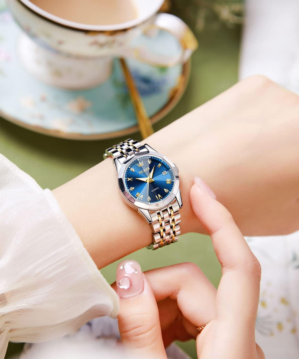 OLEVS Reloj Analógico de Cuarzo para Mujer, Acero Inoxidable Plateado de Dos Tonos, Moda, Resistente al Agua, Luminoso, con Fecha y Día, Relojes de Pulsera para Damas