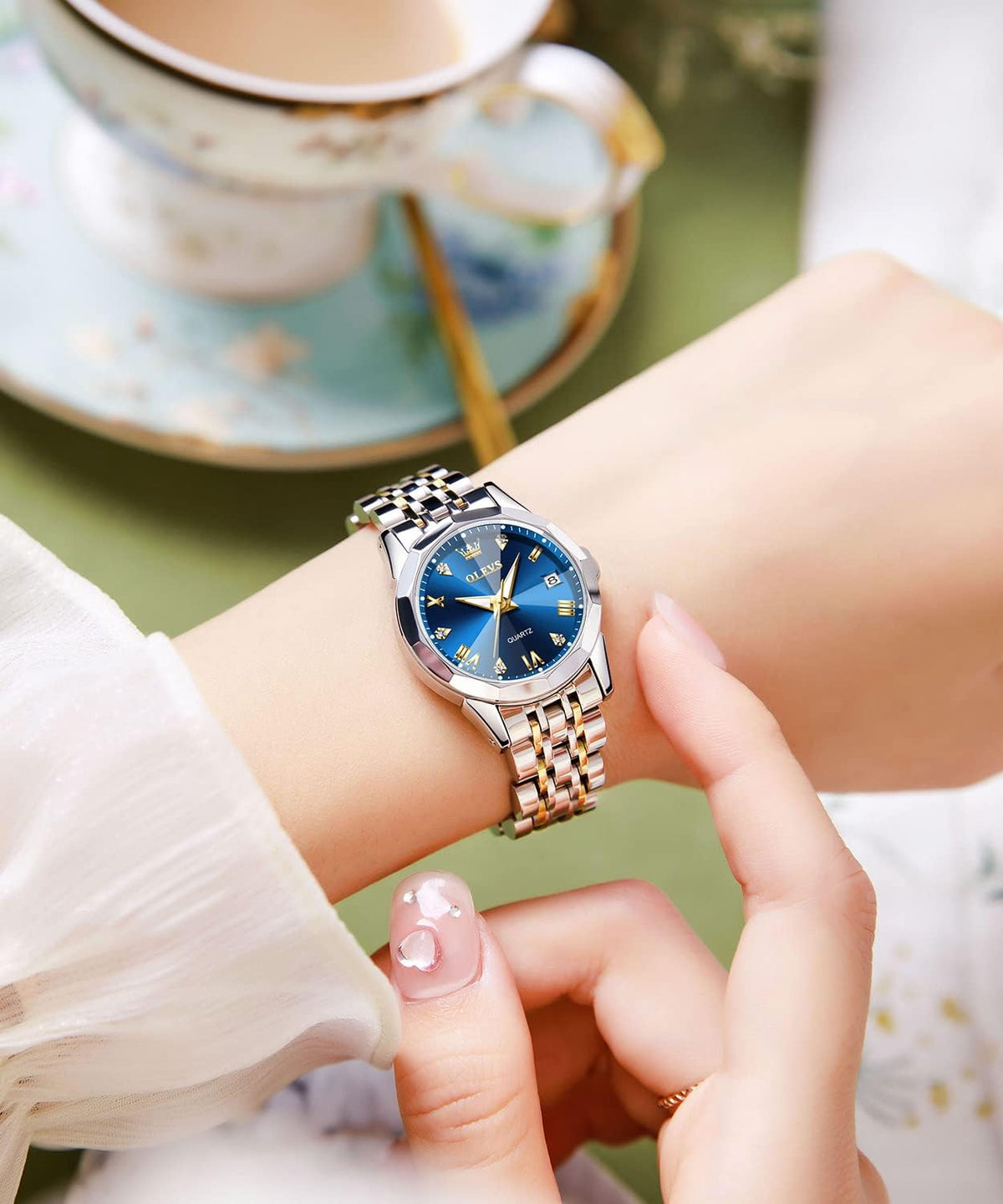 OLEVS Reloj Analógico de Cuarzo para Mujer, Acero Inoxidable Plateado de Dos Tonos, Moda, Resistente al Agua, Luminoso, con Fecha y Día, Relojes de Pulsera para Damas