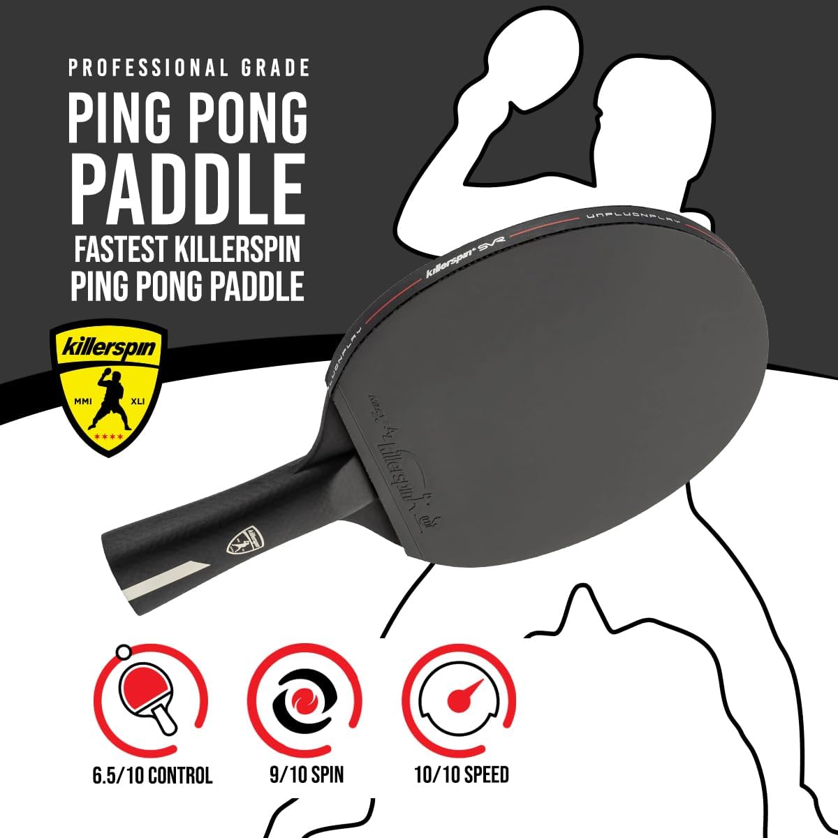 Killerspin Stilo7 SVR - Raqueta de ping pong, raqueta de tenis de mesa de nivel de rendimiento con tecnología de carbono, funda de libro de memoria, color negro
