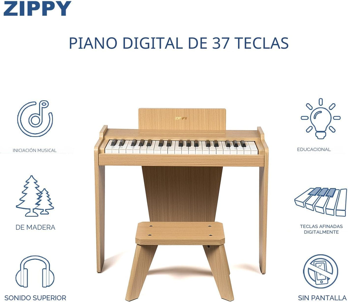 ZIPPY - Teclado de piano para niños, piano digital de 37 teclas para niños, instrumento educativo musical, piano de madera para niñas y niños mayores de 3 años