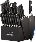 Juego de cuchillos de cocina de 21 piezas con bloque y afilador, juego de cuchillos ultra afilados con asas ergonómicas, juego de bloques de cuchillos de acero inoxidable alemán negro, apto para lavavajillas