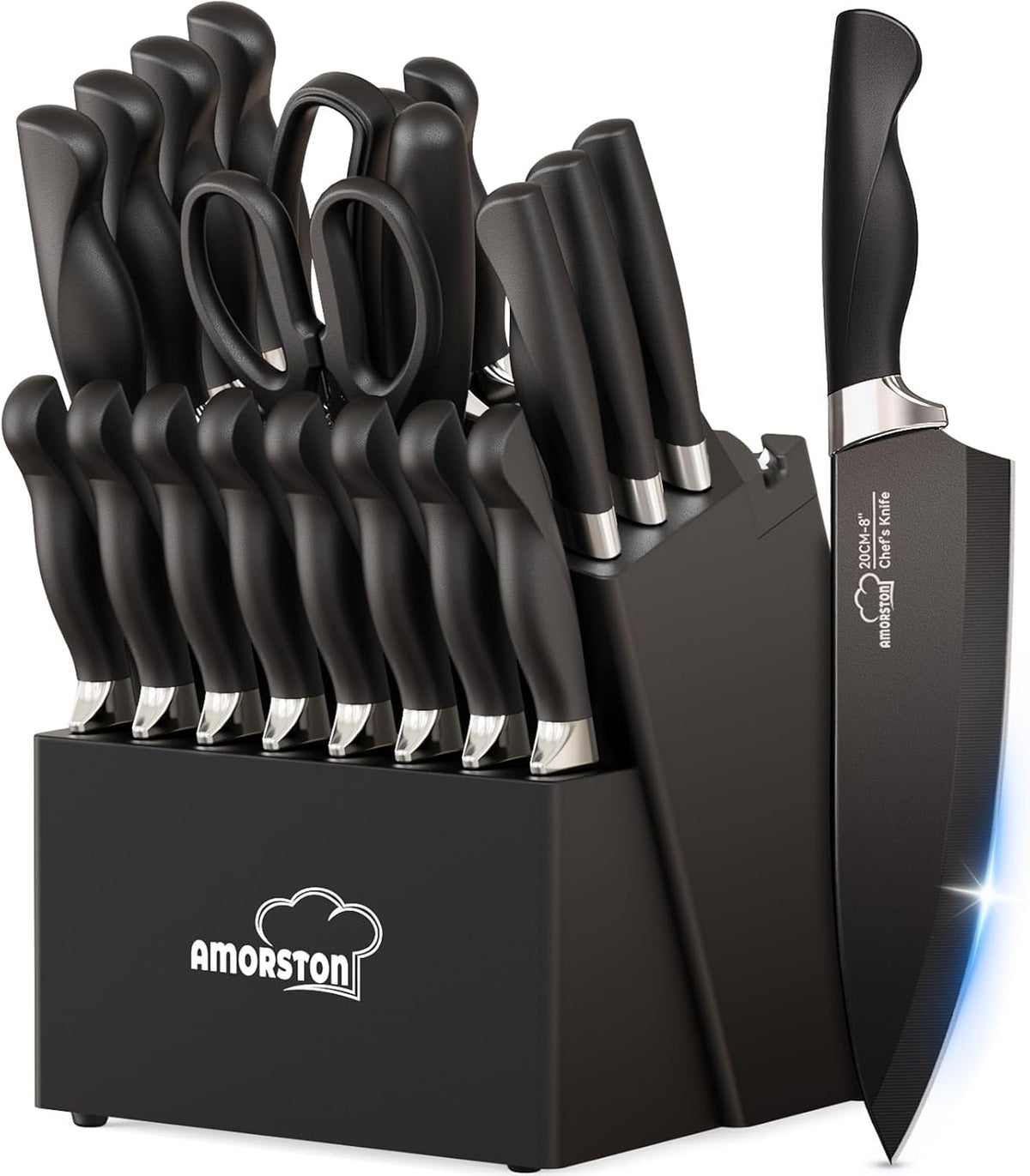 Juego de cuchillos de cocina de 21 piezas con bloque y afilador, juego de cuchillos ultra afilados con asas ergonómicas, juego de bloques de cuchillos de acero inoxidable alemán negro, apto para lavavajillas