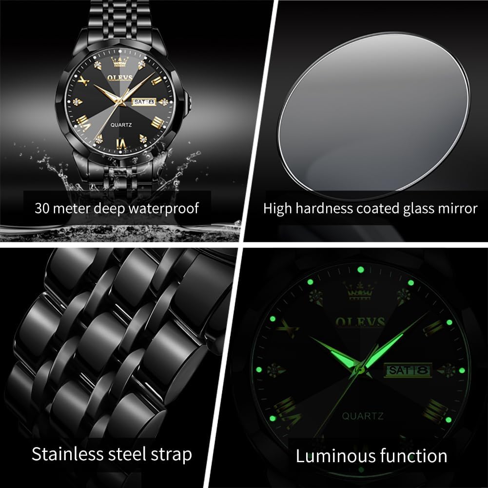 OLEVS Relojes para hombre de lujo de acero inoxidable 30M impermeable