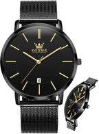 OLEVS Relojes de Hombre de Cuero Negro Ultrafinos 6.5 mm Minimalista Vestir Simple Moda Casual Resistente al Agua con Fecha