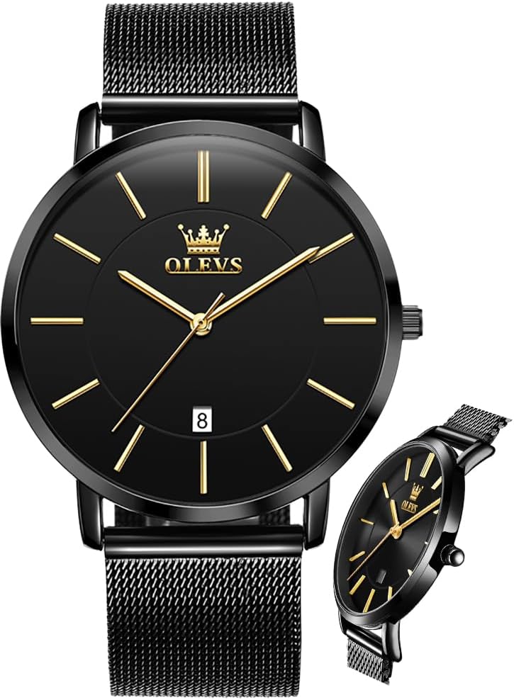 OLEVS Relojes de Hombre de Cuero Negro Ultrafinos 6.5 mm Minimalista Vestir Simple Moda Casual Resistente al Agua con Fecha