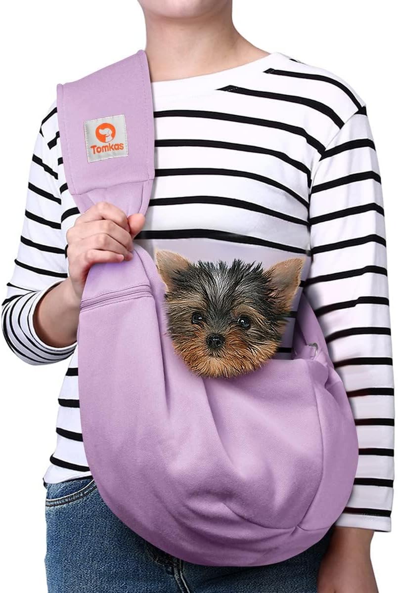 Tomkas Transportador de Cabestrillo para Perros Pequeños – Bolsillo con cremallera y correa ajustable – para mascotas de 3 a 10 libras (morado claro)