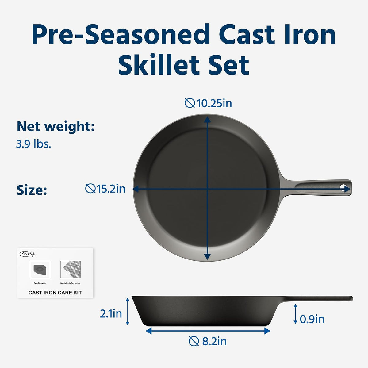 COOKLIFE Sartén de hierro fundido pre-sazonado ligero de 10 pulgadas con tapa de acero inoxidable, superficie lisa pulida, fácil de limpiar, sartén de hierro fundido para usar en el horno, en la estufa o parrilla