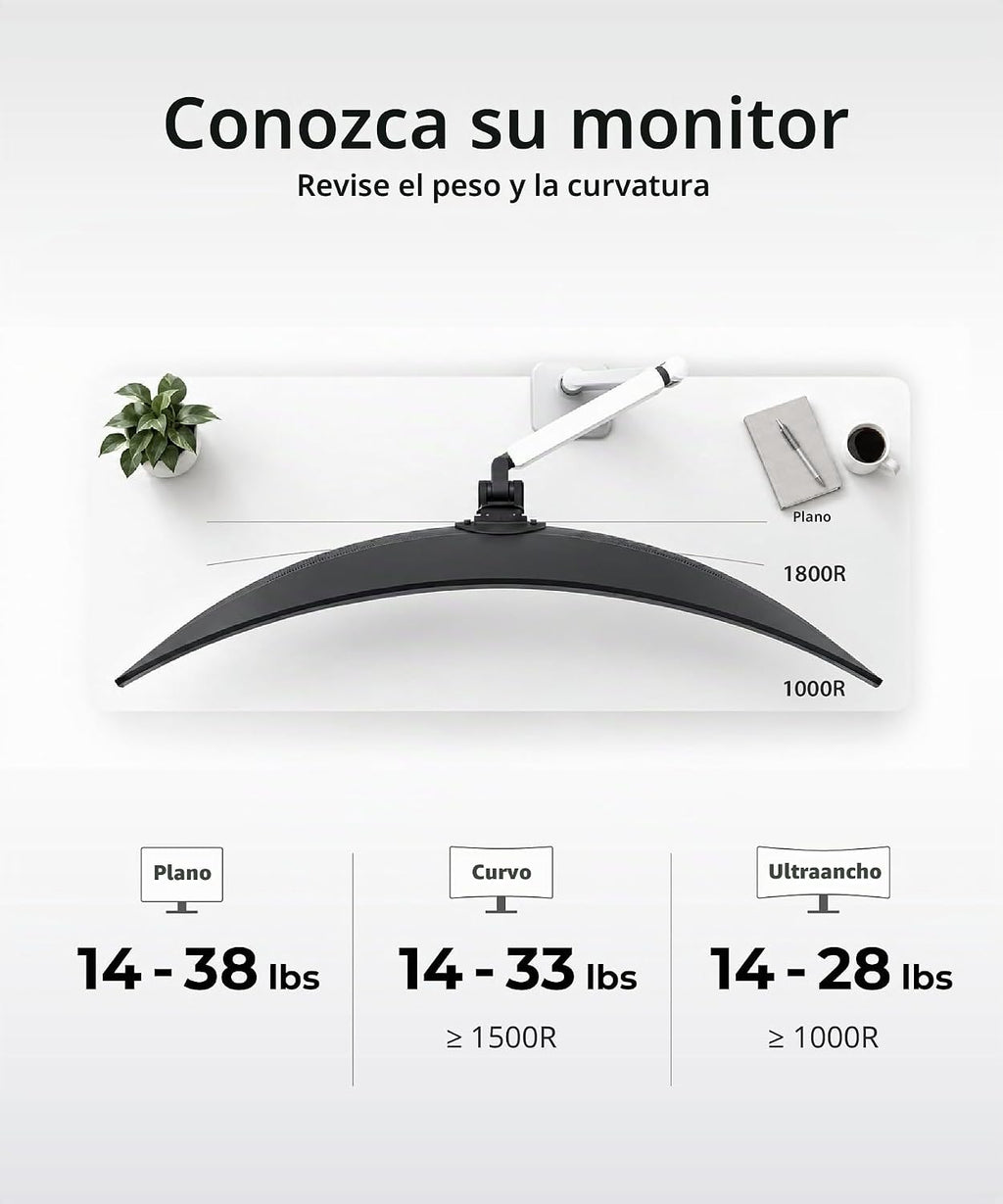 Brazo de monitor de alta resistencia para pantallas ultrapanorámicas curvas de 34-49 pulgadas