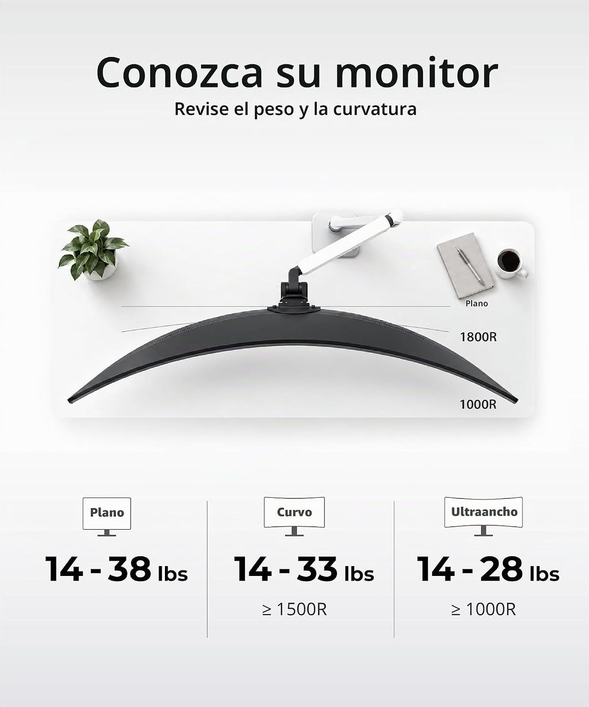 Brazo de monitor de alta resistencia para pantallas ultrapanorámicas curvas de 34-49 pulgadas