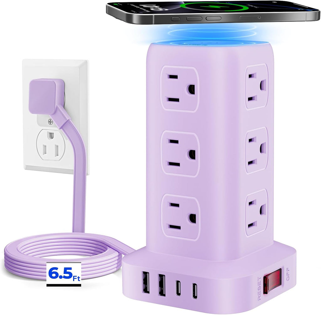 Regleta de alimentación púrpura con 12 tomas, 4 USB (1 USB C), cable de extensión de 6.5 pies con múltiples tomas, estación de carga, torre de regleta de alimentación, suministros de escritorio de