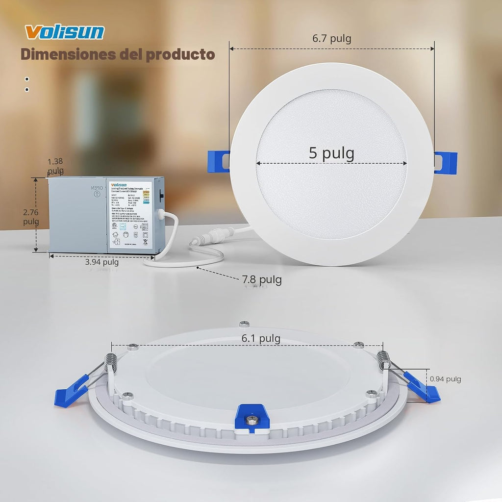 Lámpara VOLISUN 48 paquete de luces empotrables de 6 pulgadas, 5CCT, luz LED ultradelgada con caja de conexiones, 2700K-5000K seleccionable, luz de techo de 1080 lúmenes regulable sin lata, luz LED de techo