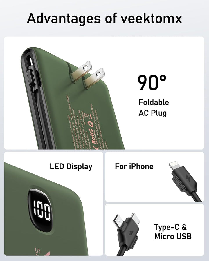 VEEKTOMX - Cargador portátil con cables integrados de 10,000 mAh, b...