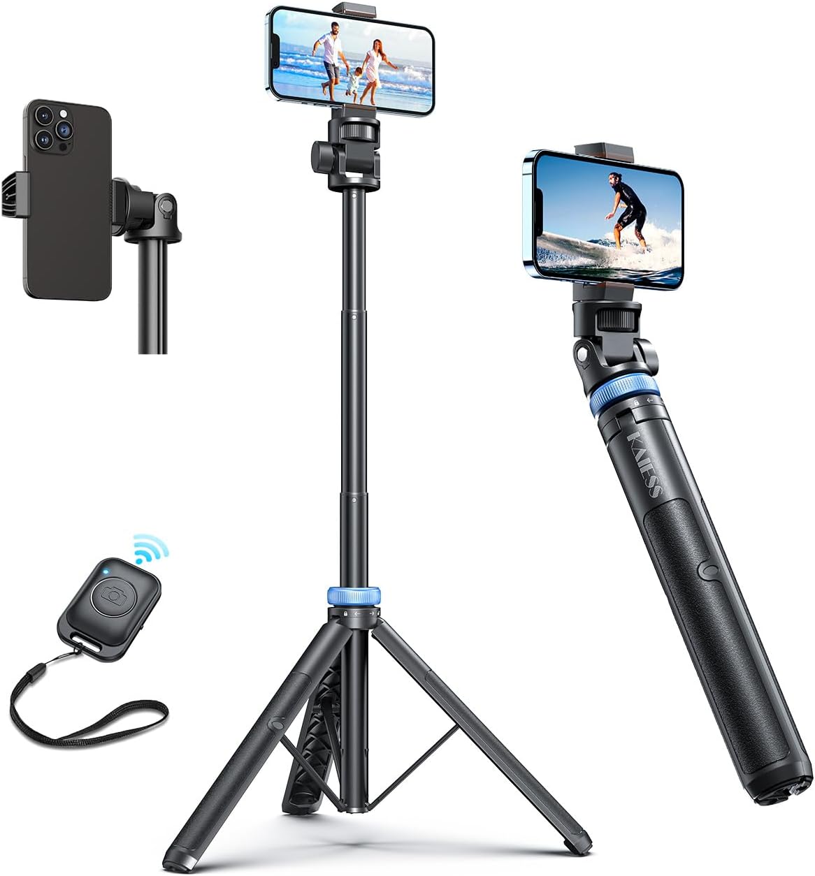 Kaiess Trípode de teléfono de 62 pulgadas y palo para selfie, soporte de luz extensible para fotografía con control remoto inalámbrico, más sólido, portátil, ligero, compatible con teléfonos iPhone