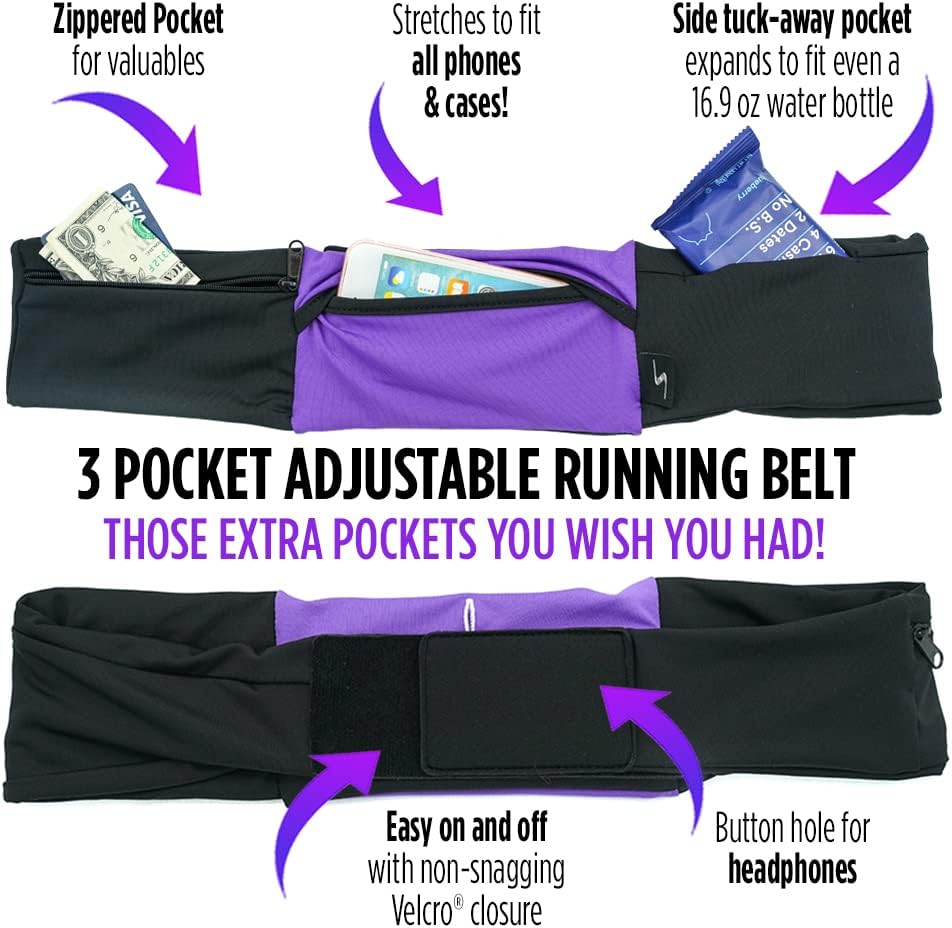 Riñonera ajustable de 3 bolsillos para correr, riñonera para entrenar con respaldo resistente al sudor, soporta todos los modelos de iPhone, Negro/Negro, Cinturón para correr de 3 bolsillos versión 1