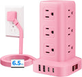 Regleta de alimentación con 12 tomas, 4 USB (1 USB C), cable de extensión de 6.5 pies con múltiples tomas, estación de carga, torre de regleta de alimentación rosa, suministros de escritorio de