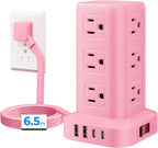 Regleta de alimentación con 12 tomas, 4 USB (1 USB C), cable de extensión de 6.5 pies con múltiples tomas, estación de carga, torre de regleta de alimentación rosa, suministros de escritorio de