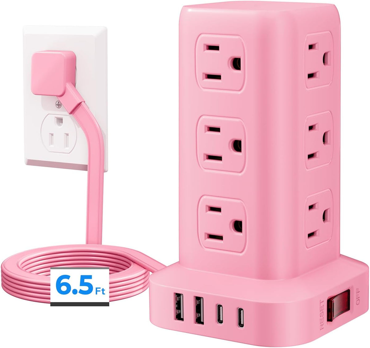 Regleta de alimentación con 12 tomas, 4 USB (1 USB C), cable de extensión de 6.5 pies con múltiples tomas, estación de carga, torre de regleta de alimentación rosa, suministros de escritorio de