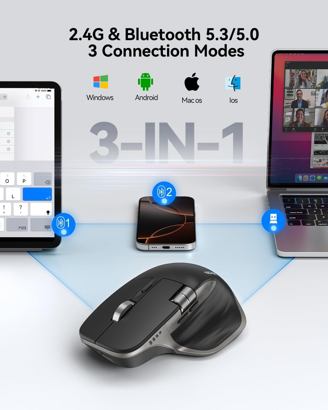 TECKNET Ratón inalámbrico, ratón Bluetooth (BT5.3\/5.0 y 2.4G) Rató...