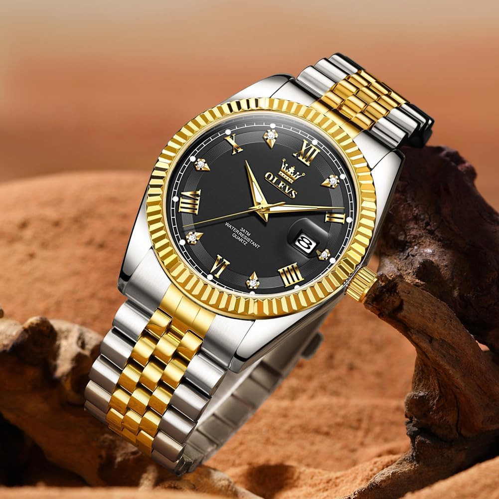 OLEVS Reloj Clásico para Hombre Diamante Analógico Lujo Acero Inoxidable a Dos Tonos Resistente al Agua con Fecha Luminous para Hombres