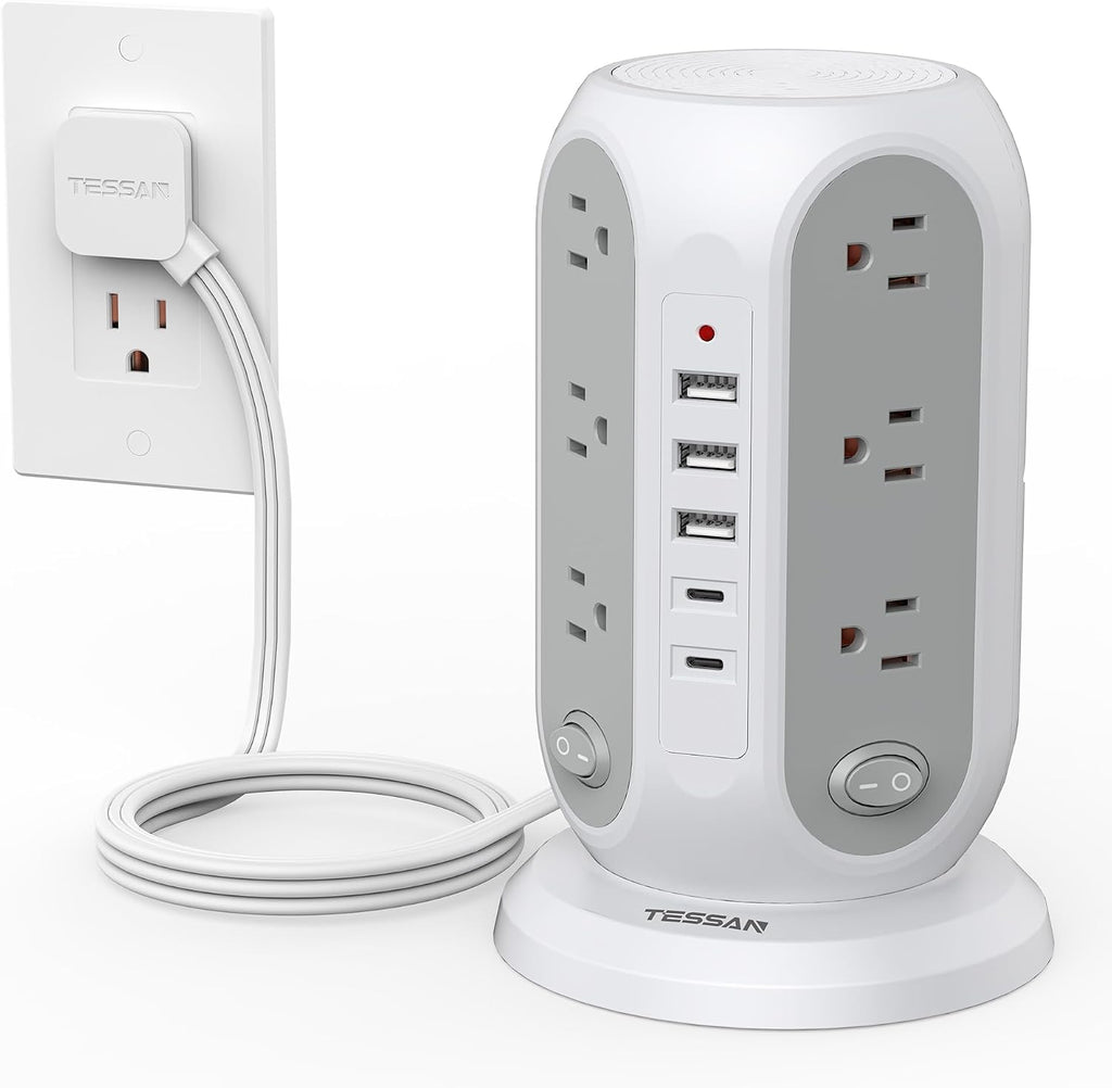 TESSAN - Regleta protectora contra sobretensiones en torre, cable de extensión plano de 6 pies, color gris