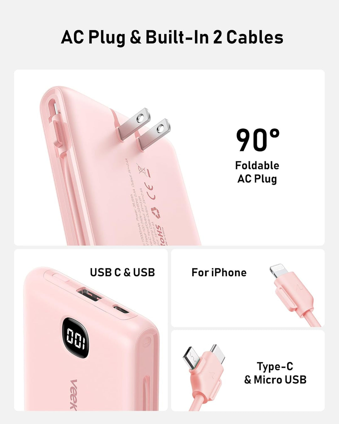 Cargador portátil de batería con cables integrados y enchufe de par...