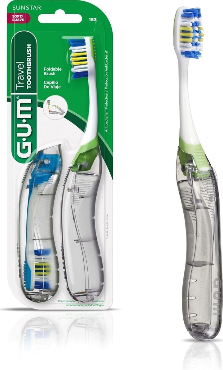 Cepillo de dientes plegable de viaje GUM, cabeza compacta + limpiad...