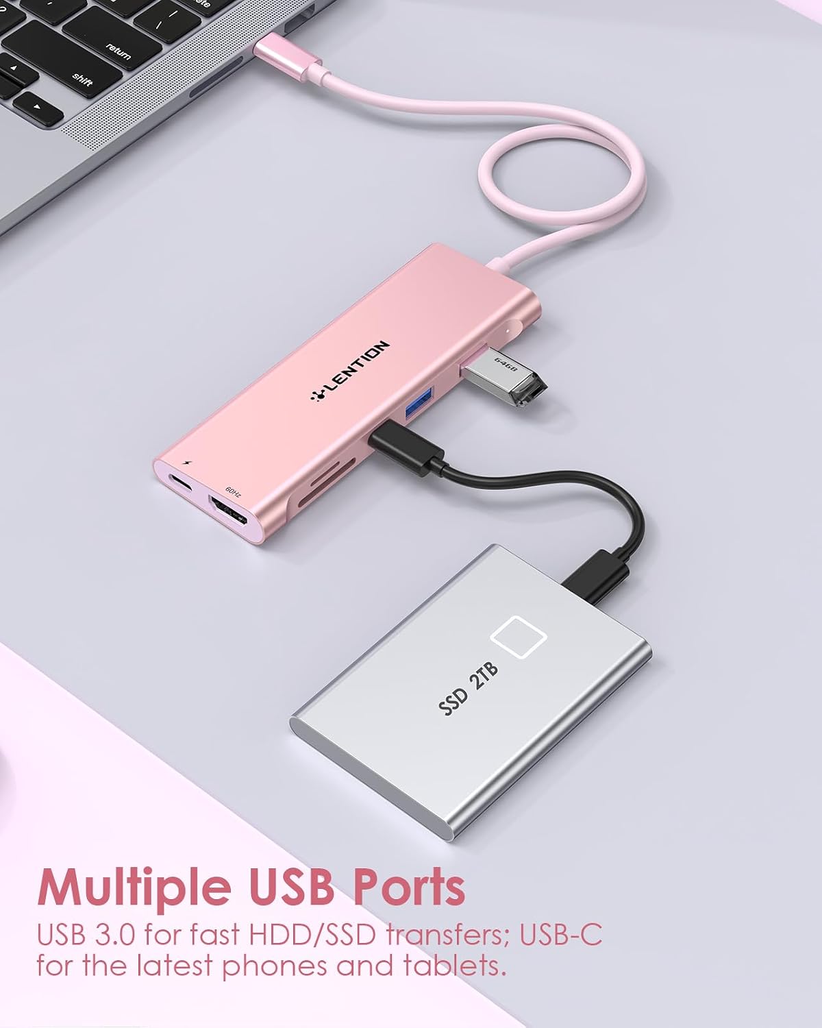 LENTION Hub USB C 7 en 1, cable de 1 pie, 4K @60Hz, 100W PD, A y C