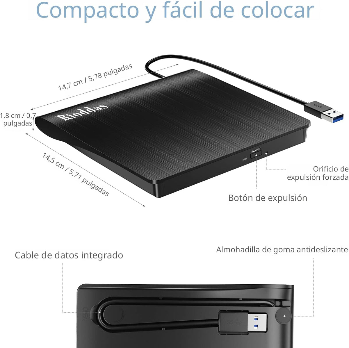 Rioddas Unidad externa de CD\/DVD para portátil, USB 3.0, reproduct...