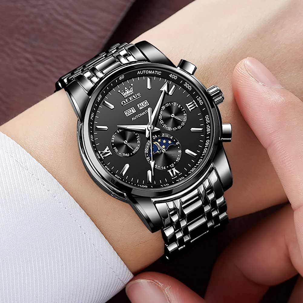 OLEVS - Reloj automático de lujo para hombre de cuerda mecánica con fases de la luna, de acero inoxidable, impermeable y con calendario luminoso, correa plateada