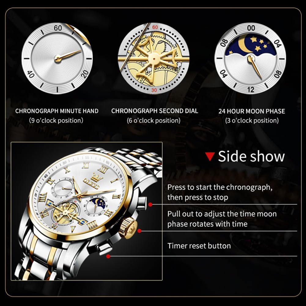 OLEVS Relojes de Oro para Hombres Reloj de Pulsera de Lujo a Prueba de Agua Gran Cara Elegante Acero Inoxidable Analógico Cuarzo Fecha Cronógrafo Luminoso Lectura Fácil Relojes de Negocios Regalos para Hombres Graduación